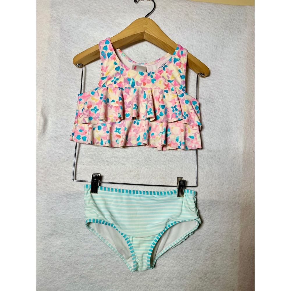 RuffleButts Girls‎ Floral Ruffle Tankini Striped 2 Piece Swimsuit Set Size 7
